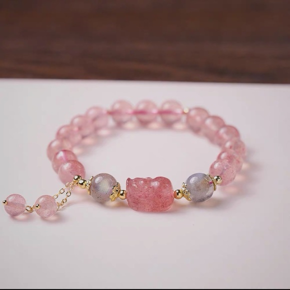 Natural Strawberry Quartz Moonstone PiXiu Love Healing Bracelet NWT - Picture 12 of 12